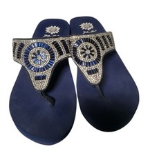 Yellow Box 'Starla' Wedge Embellished Sandals Navy Blue Size 7 Glitzy Rhinestone