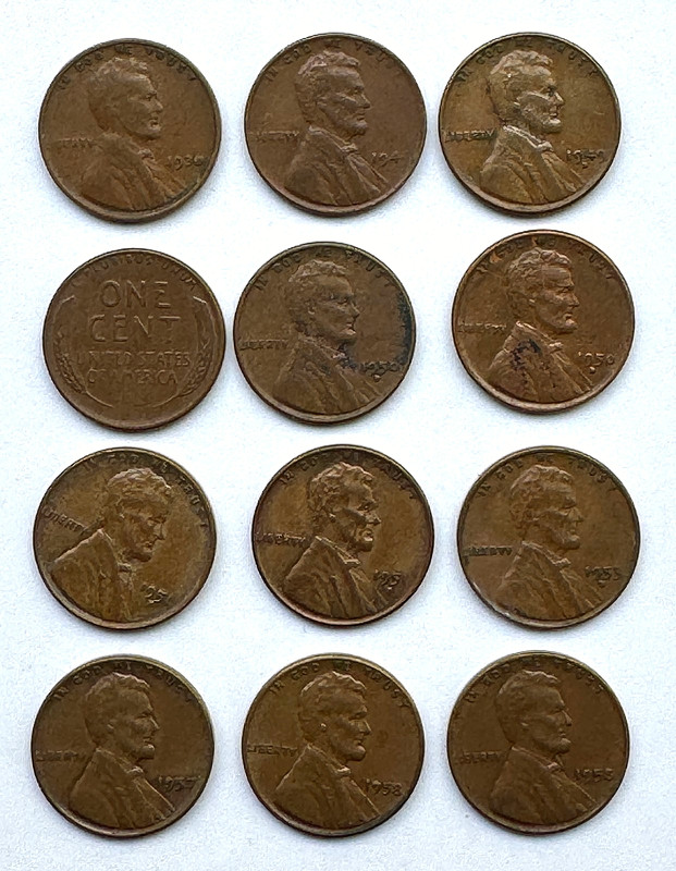 LINCOLN WHEAT CENT  -  DIE CHIP VARIETY LOT OF (12)  -  FREE SHIPPING!