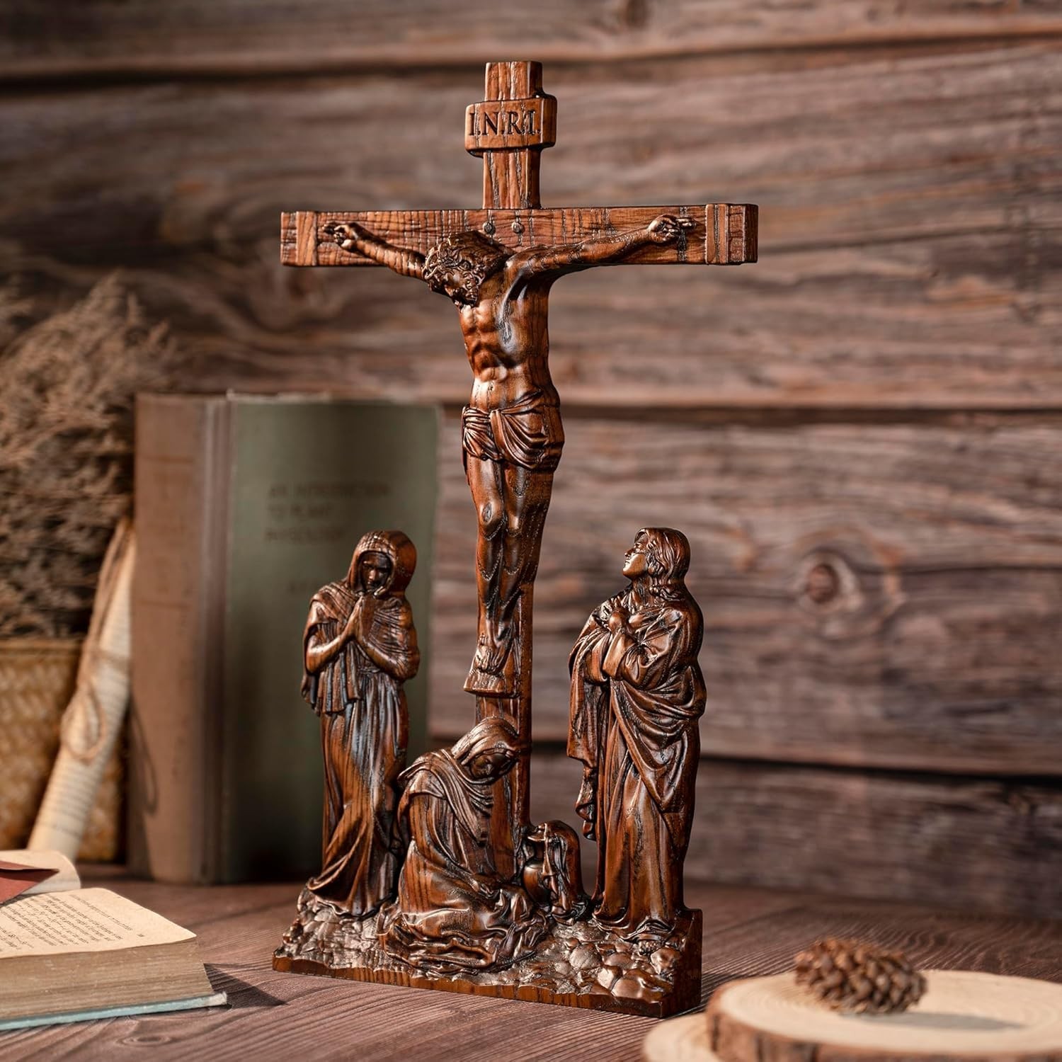 Standing Crucifix Wall Cross, INRI Jesus Cross for Wall, Handmade Wooden Cross 4
