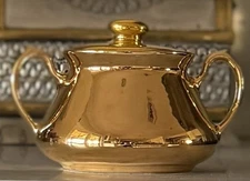 Vintage Collectible Hall China "Golden Glo" 22-Carat Gold Finish Sugar Bowl