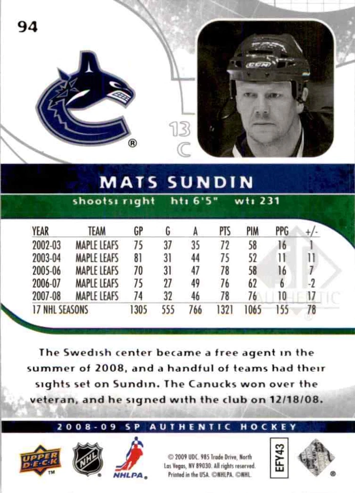 2008-09 Upper Deck SP Authentic Mats Sundin #94 - Image 2 of 2