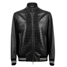 Men’s Croco Embossed Leather Bomber Jacket Black Windproof Baseball Streetwear
