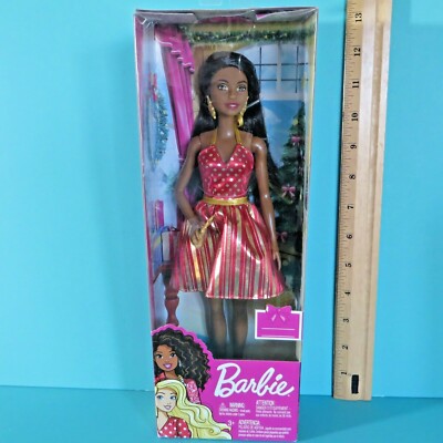 Barbie Holiday Christmas AA Black Doll Red Gold Dress Mattel 2019