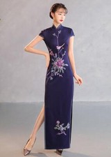 Elegant Mandarin Collar PANKOU Flowers embroidery Cheongsam Prom Evening Dresse