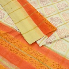 Vintage Ivory Saree Cotton Bandhani Printed Sari Craft Fabric 5Yd Sewing Sarong