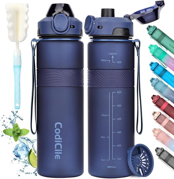 Trinkflasche Bpa-Frei 1L Sport Auslaufsicher Groß Blau Fitnessstudio-image