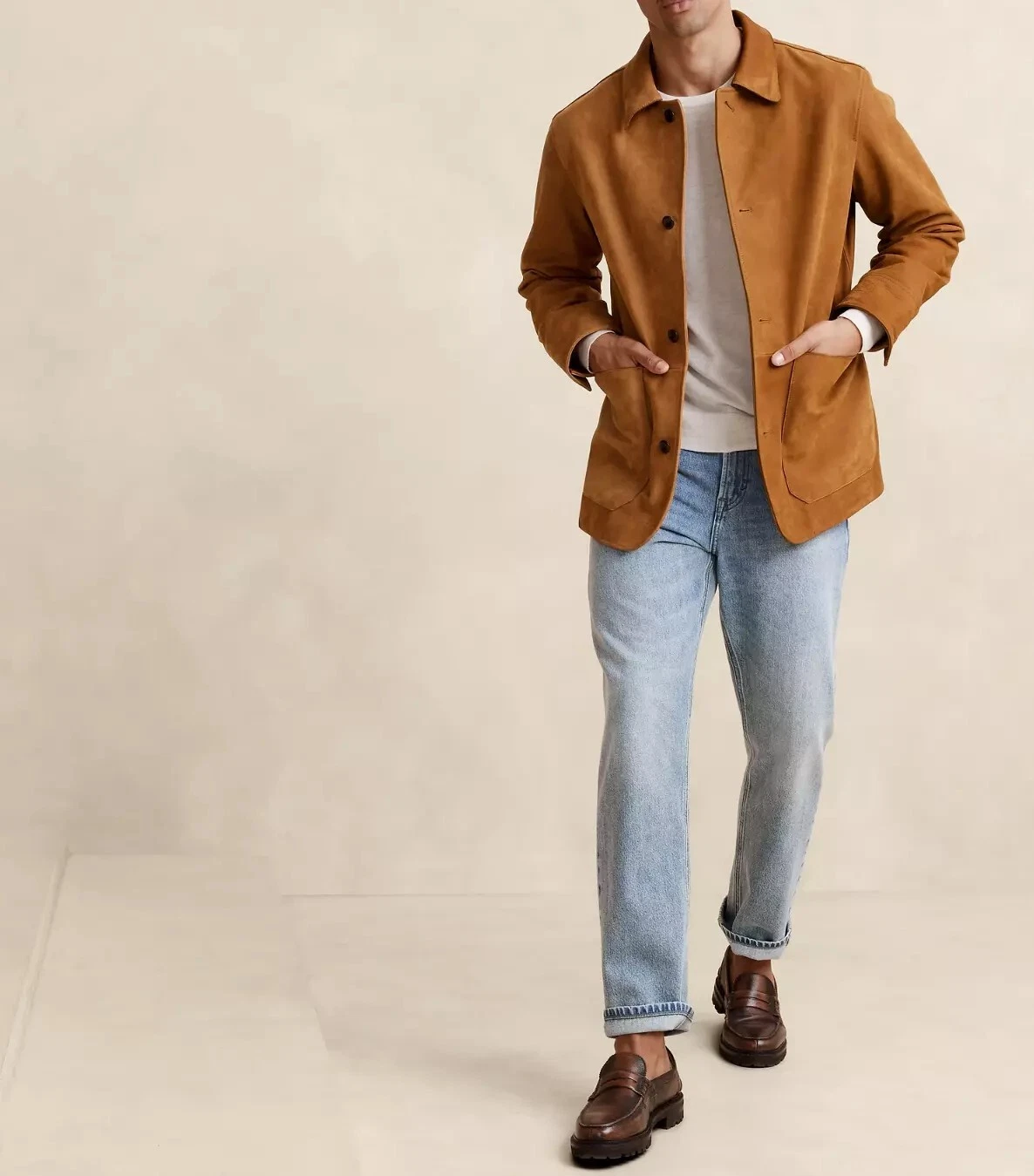 Leather Shirt Jacket for Men Brown Pure Suede Custom Made Size S M L XL XXL -236