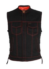 Men's Black Canvas Vest Motorcycle Concealed Side Laces Red Inner Waistcoat