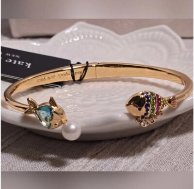 Kate Spade What a Catch Hinged Bangle Bracelet Blue Multi Crystals and Pearl