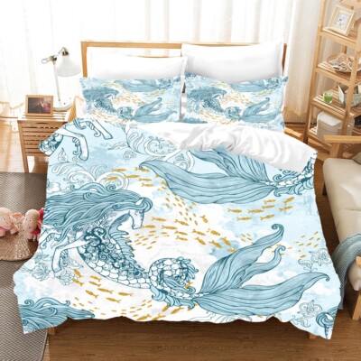 3D Mermaid Fish Hand Drawn Kids Quilt Cover Set Bedding Sets Pillowcases 64