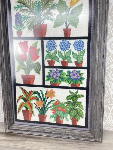 Vintage Large Framed Crewel Needlecraft Art Potted House Plant 1970's 33x17" - Picture 5 of 10
