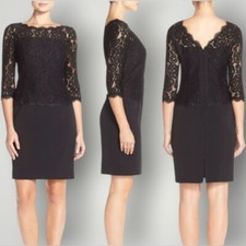 Adrianna Papell Dress Womens 8 Black Lace Overlay Floral Patterns 3/4 Sleeves