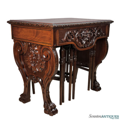 Antique Renaissance Revival Mahogany Northwind Library Table w/ Cocktail Tables