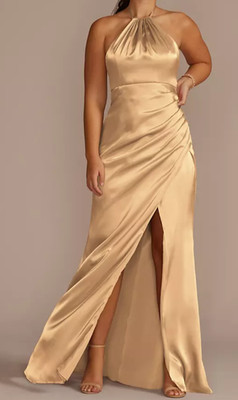 Tie-Neck Charmeuse Halter Dress Gold Prom