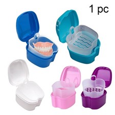 Clean Denture Bath Case Dental False Teeth Storage Box w/Hanging Net Container