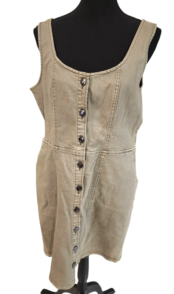 Women's size 16 khaki green button up stretchy short denim dress by Sass