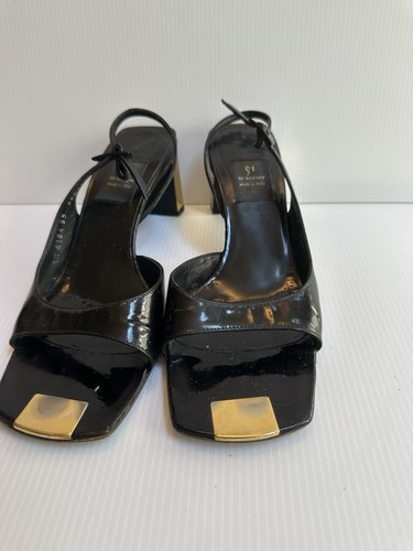 DI SANDRO WOMENS 3”HEEL SANDALS BLACK PATENT LEATHER GOLD TRIM SIZE 39 ITALY