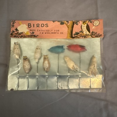 Rare Vintage Woolworth Co NIP Minature Paper & Wire Birds Owls 8 Pack