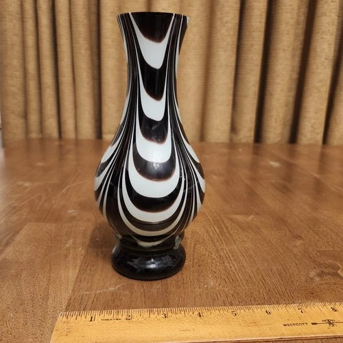 Murano Style Art Glass Vase Black White Brown Swirl Hand Blown Vintage