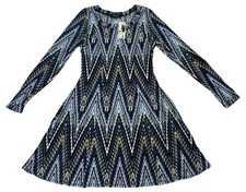 Karen Kane Blue Green Geometric A-Line Dress Stretch Long Sleeve Women's M