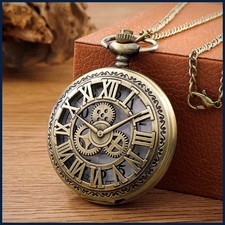 Antique Steampunk Vintage Roman Numerals Quartz Pocket Watch Bronze Case...