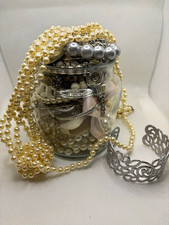Mixed Fashion Jewelry Lot in Glass Jar - Faux Pearl Necklaces, 50+ Pieces