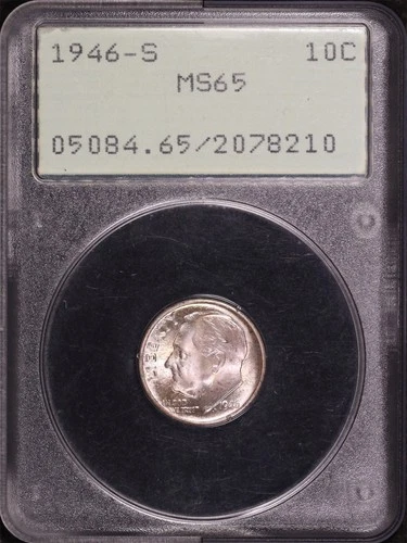 1946-S Roosevelt Dime PCGS MS-65 Old Green Rattler Holder