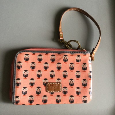 FOSSIL Coated Canvas Owl Print Wristlet Zip Around Purse Pink Leather Trim