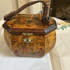 Vintage Wooden Octagon Box Bag Purse w/ Leather Handle Old World Scene