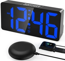 PPLEE Loud Alarm Clock for Blue Digits With Bed Shaker 