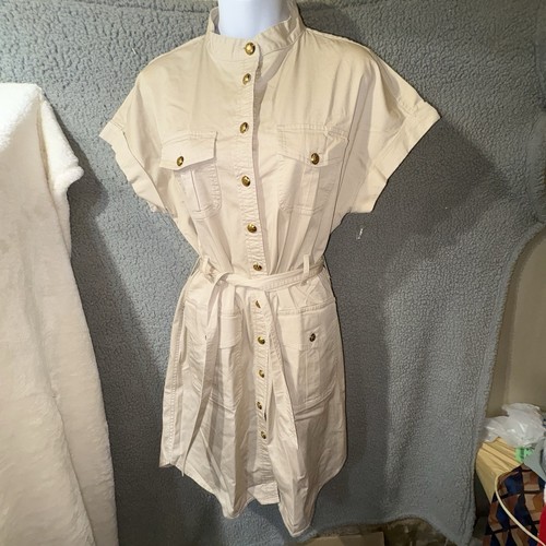 Lauren Ralph Lauren Dress 8P Khaki Belted Button Front Casual Crest Shirtdress