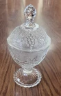 Vintage Jeanette Glass Grapes Pattern Pedestal Candy Dish Covered Lid 7"