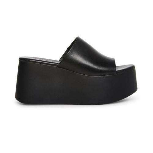 Steve Madden Christa Black Leather Platform Slide Wedge Sandals CHRI12S1 8M