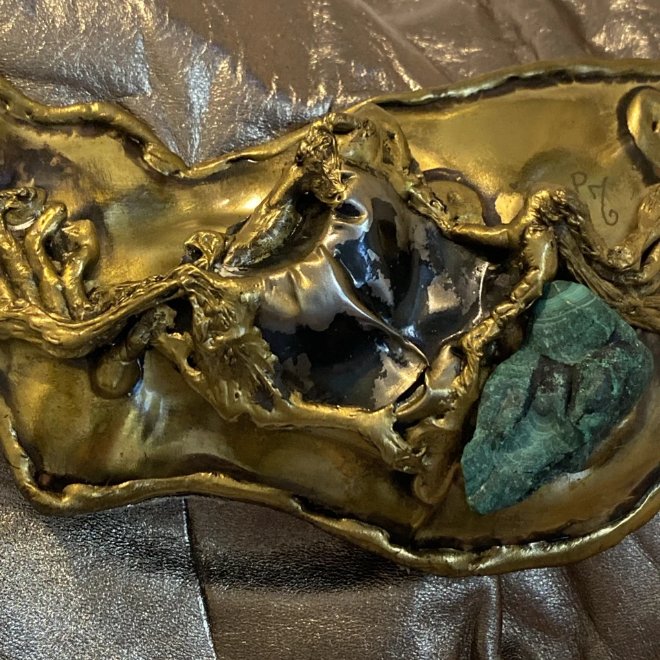 Cartera Bandolera Vintage Años 80 Elegante Latón Metal Turquesa Cuero Metálico Foto 3 de 4