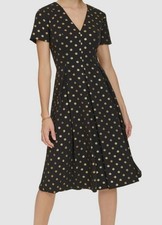 Tommy Hilfiger Women's Black Gold Stretch Foil-Print Pleated Midi Dress Size 4