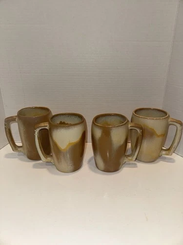 4 Vintage Frankoma Pottery Plainsman Gold 5 1/2” Mug Coffee /Tea HTF! 5M