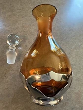 VTG ART DECO Farber Bros Krome Kraft New York  Metal & Amber Glass Decanter