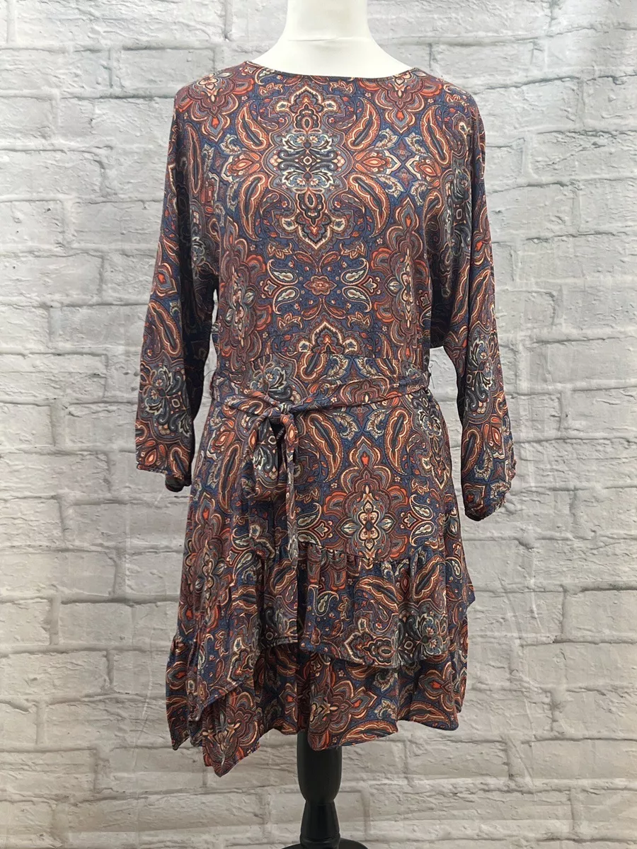 Urban Outfitters Shift Dress Size M Long Sleeve Tie Waist Slit Back Blue Orange