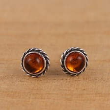 Cognac Baltic Amber 925 Sterling Silver Round Stud Earrings Jewellery Gift Boxed