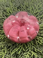 Joe St Clair Pink & White Floral Hand Blown Bullicante Art Glass Paperweight~3”
