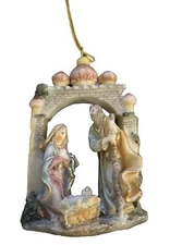 Vintage Nativity Christmas Tree Hanging Ornament Holy Family Ceramic Manger