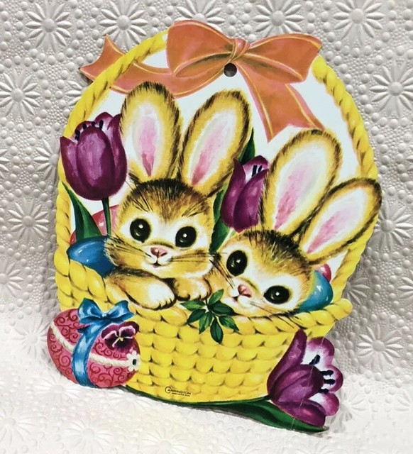 Vintage Happy Easter Bunny Rabbit Cardboard Die Cut Cutout Chick Duck 