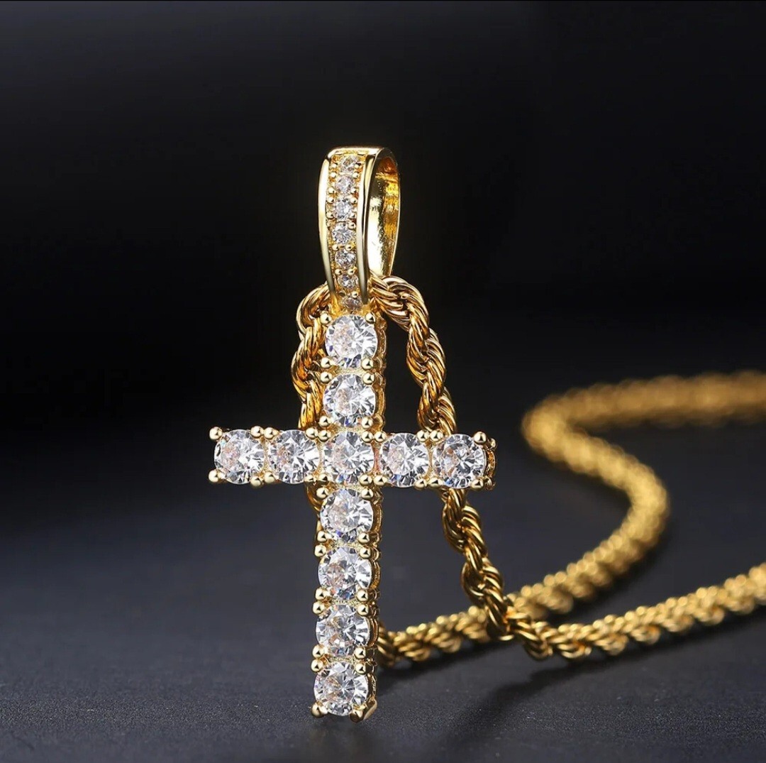Kette mit Kreuz Anhänger Gold Farbe Straß Steinchen