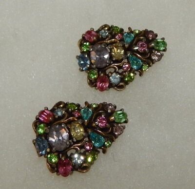 Pair Vintage Hollycraft Signed Colorful Rhinestone Duet Pins Brooches