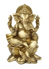 Brass Ganesha Ganesh Murti Idol Statue Sitting on Lotus Flower Base 10 INCH