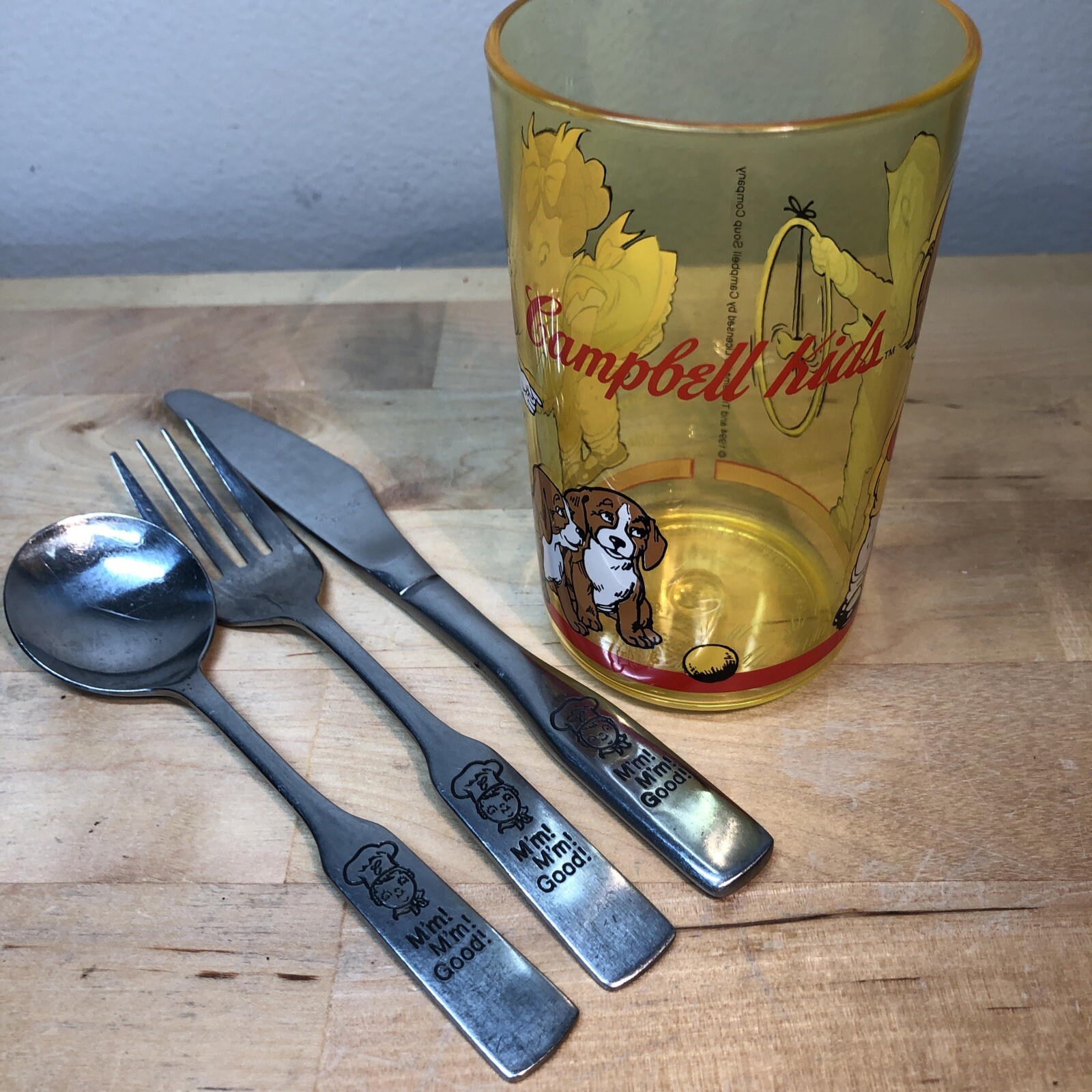 VTG Campbell's Soup 3 Piece set of Spoon, Fork & Knife with yellow tumbler cup