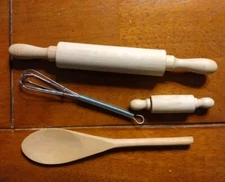 Set of 4 Miniature Kitchen Baking Utensils Rolling Pin Whisk Wood Spoon