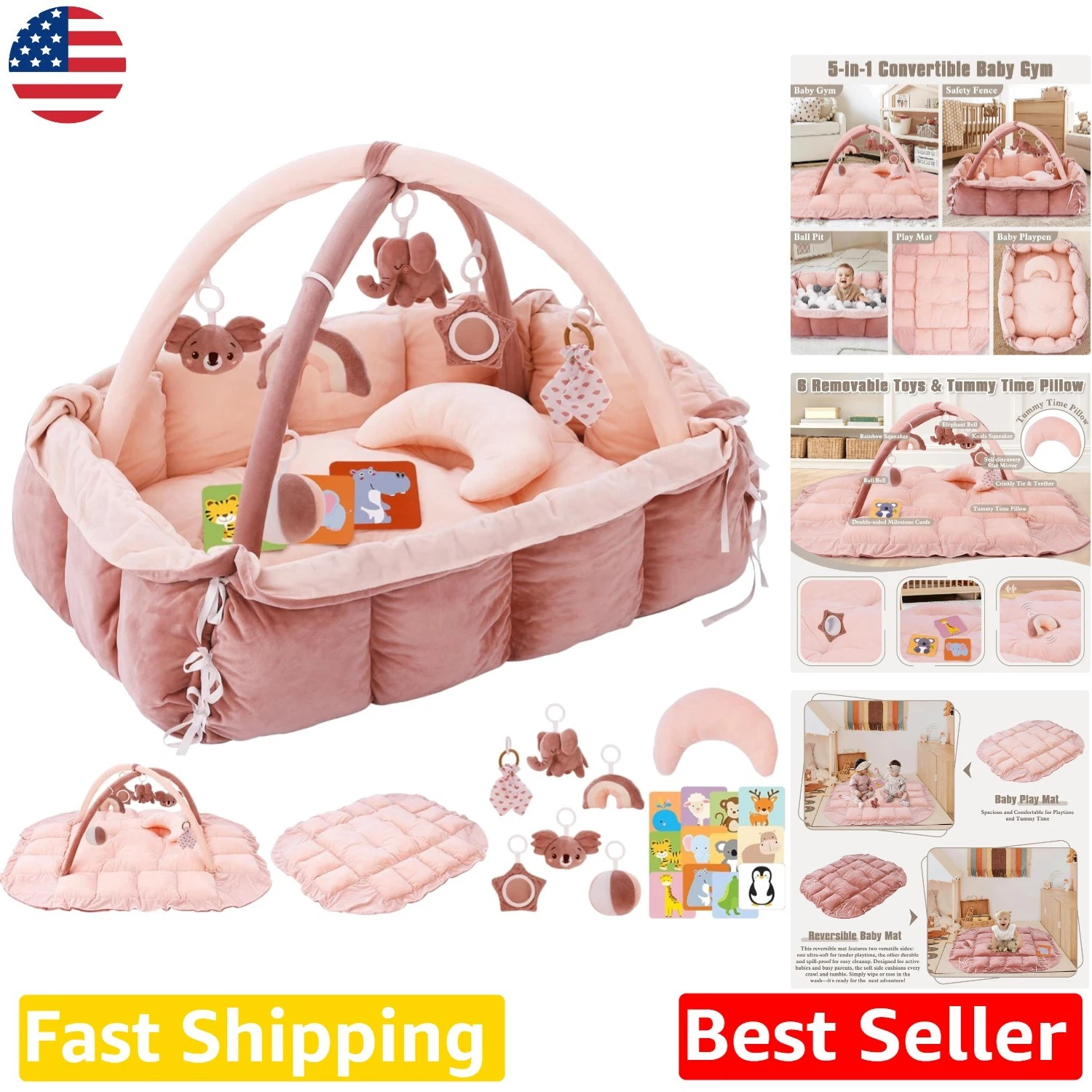 5-in-1 Baby Play Gym, Cotton Mat, 6 Sensory Toys, Tummy Time Pillow