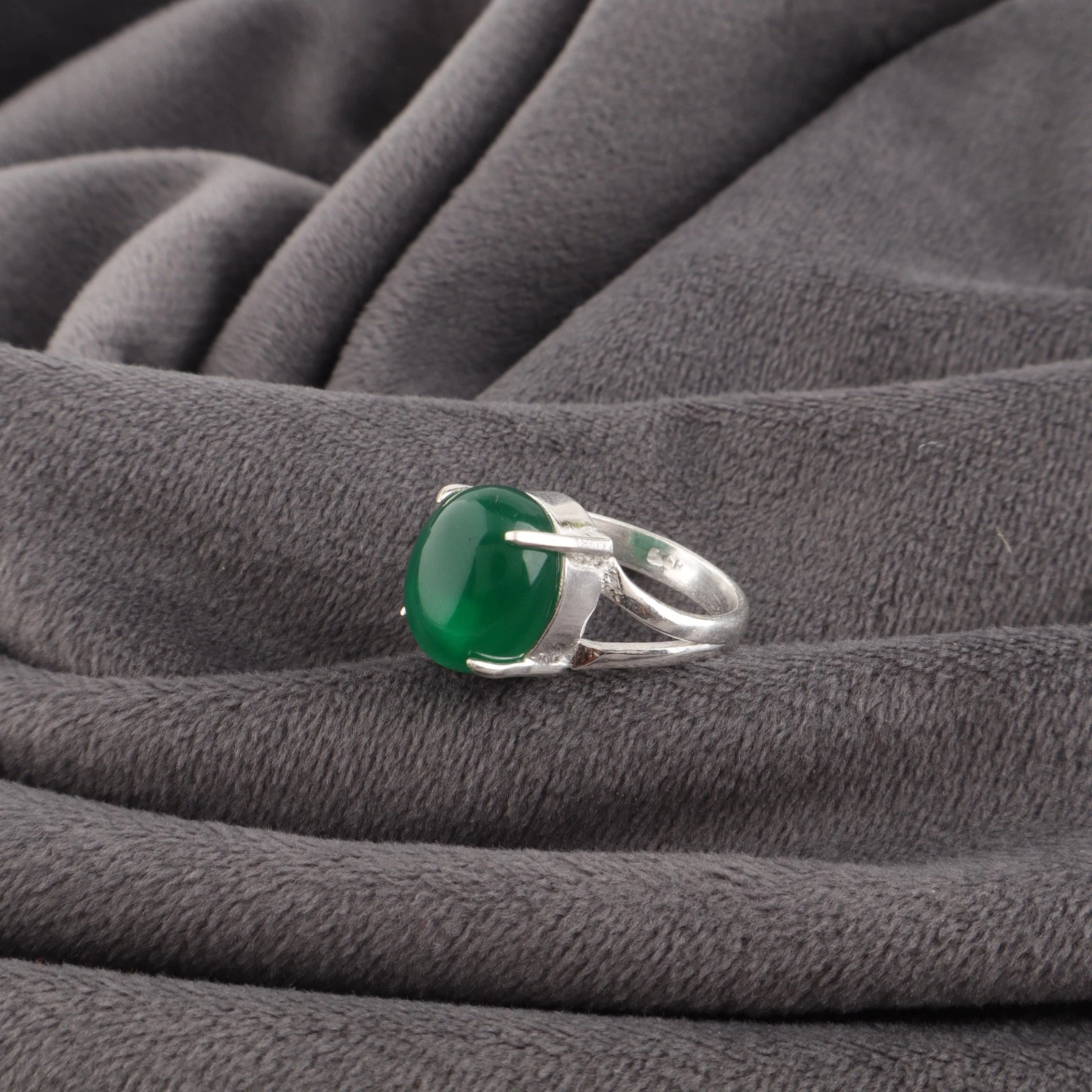 925 Silver Oval Green Onyx Cab Wife Boho Band Statement Anniversary Ring Jewelry image 3