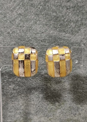 Vintage Carolee Brushed Silver tone & Yellow Enamel Clip-on Earrings